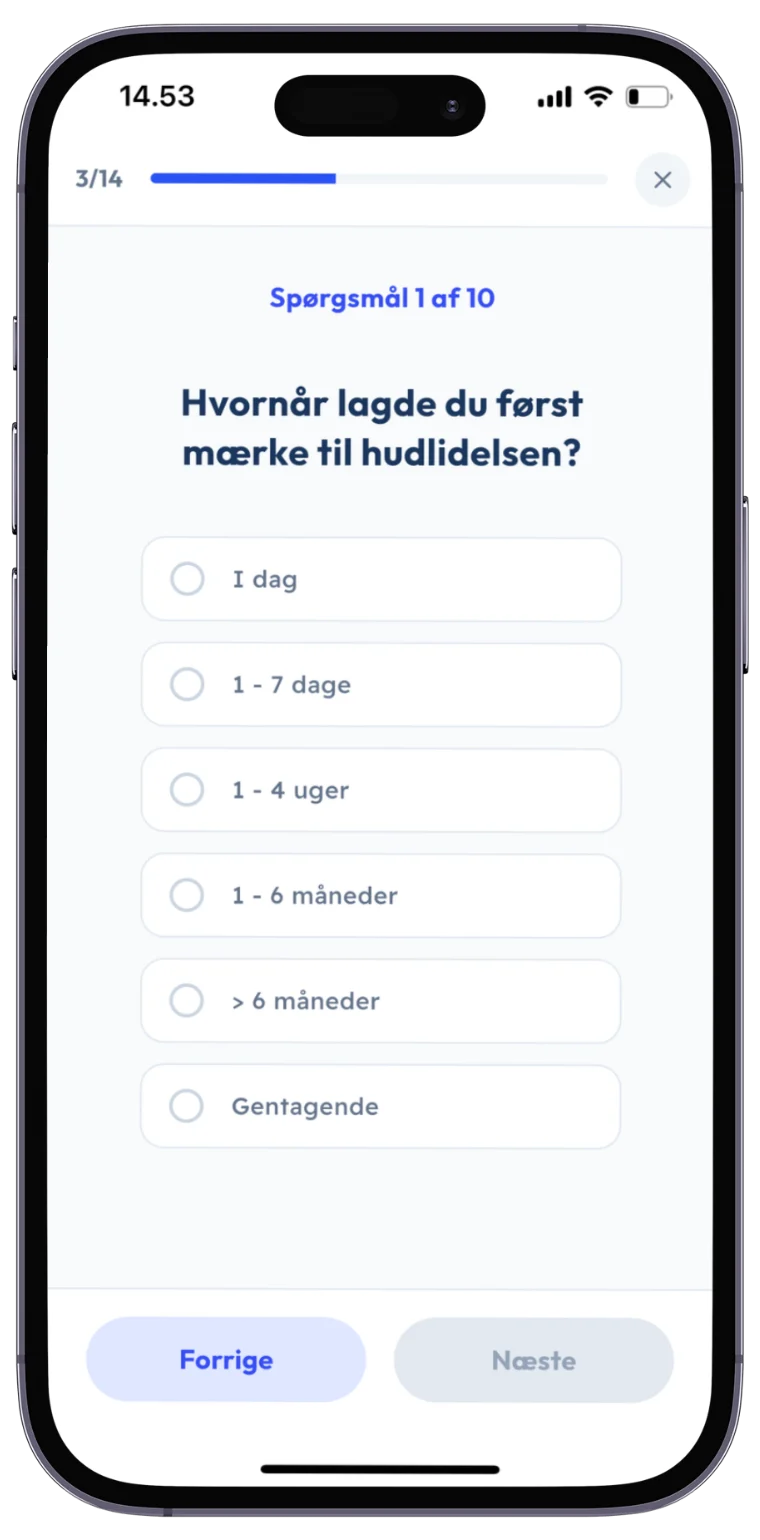 Skærmbillede fra SKIND-appen: Besvar spørgsmålene