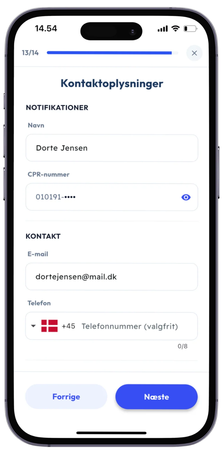 Skærmbillede fra SKIND-appen: Tjek dine oplysninger